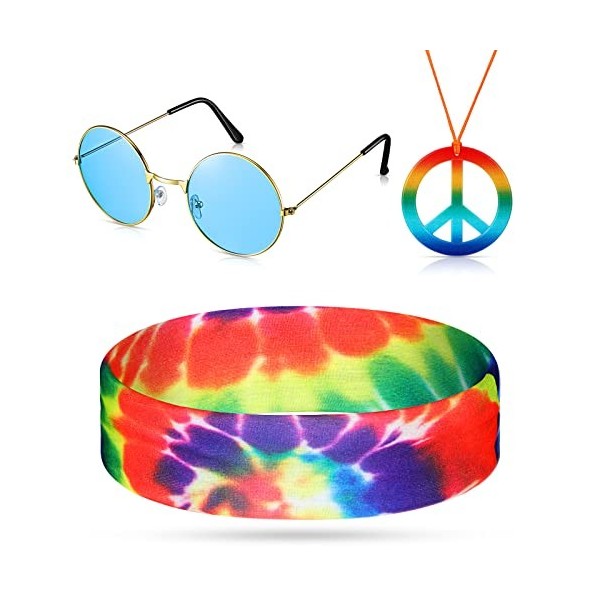 3 Pièces Ensemble de Costume Hippie Inclure Collier de Signe de Paix Arc-en-Ciel Bandeau Hippie Tie-Dye et Lunettes de Soleil