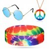 3 Pièces Ensemble de Costume Hippie Inclure Collier de Signe de Paix Arc-en-Ciel Bandeau Hippie Tie-Dye et Lunettes de Soleil