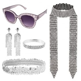 5 PCS Deguisement Disco Femme, Deguisement Annee 70 80 Lunette Disco Bracelet Collier Disco Bandeau Boucles doreilles Écharp