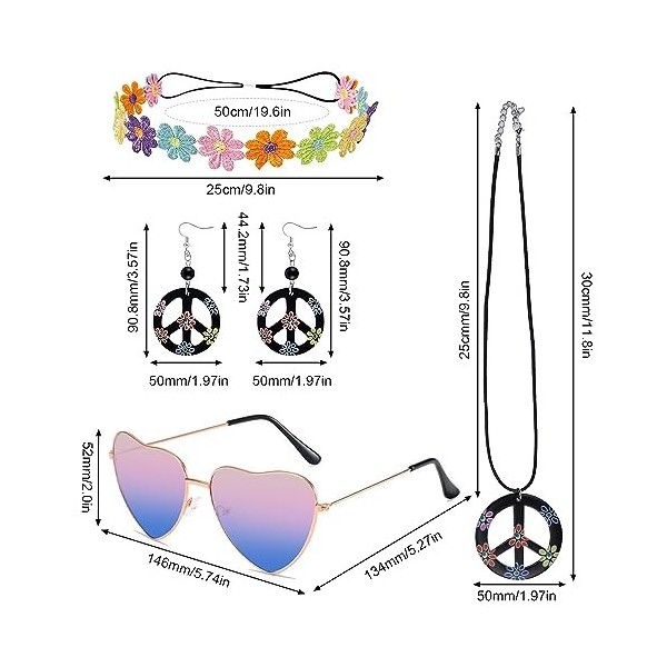 UYUYong Hippie Costume Set Rétro Deguisement hippie Hippie Accessoires Lunettes de Soleil Bandeau Hippie Boucles doreilles C