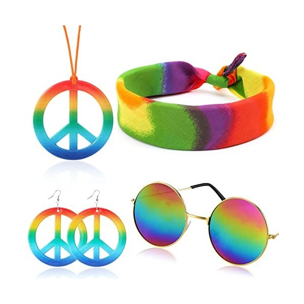 HOWAF 4 Pièces Ensemble de Costume Hippie, Collier de Signe de Paix Boucles doreilles Lunettes de Soleil Arc-en-Ciel Hippie 