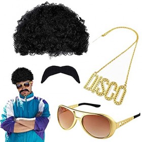 mizikuu 4 Pièces Hippie Perruque Costume Set, Ensemble de Costume Hippie Années 60, 70 Hippie Déguisement Accessoires Perruqu
