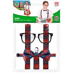 Widmann 68551 – Costume de nerd, 3 pièces, bretelles, nœud papillon et lunettes, collège élève, écolière, accessoires, carnav