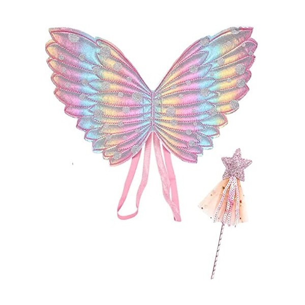Déguisement Fée Enfant,Ailes dEnfants 2Pcs Costume Papillon Fille Ailes Ensemble Baguette Magique et Ailes de Fée pour Enfan