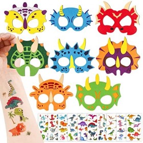 BHGT 8PCS Masques de Dinosaure et 10PCS Autocollants Temporaires Accessoire de Déguisement Costume Cadeau Fourniture de Fête 