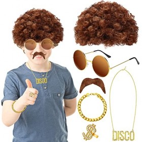 Deguisement Hippie Femme Homme Ensemble de Costume Hippie Tenue Disco Hippie Accessoires Perruque Afro Funky Lunette Hippie C
