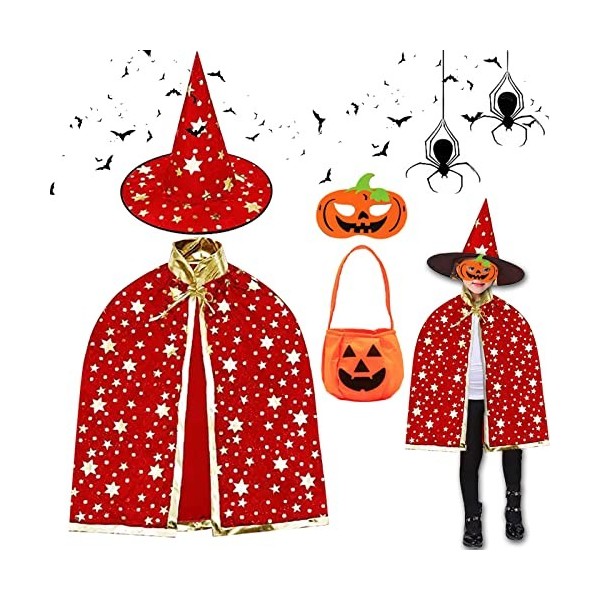 Deguisement Halloween Enfant, Costume Halloween Enfant avec Cape de Magicien, Chapeau, Sac de Bonbons Citrouille, Marteau Cit