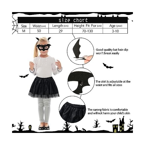 Fennoral 4pc Costume de Chauve-Souris pour Filles Costume de chauve-souris pour Halloween Costume de vampire pour fille Masqu