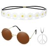 Set de Costume Hippie Lunettes de Cercle des Années 60 Collier de Signe de Paix Bandeau de Tournesol de Marguerite Accessoire