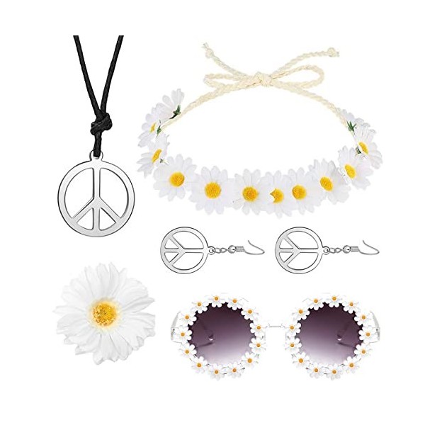 Ensemble de déguisement Hippie pour femme, 6 pièces Hippie Costume Set Collier et boucles doreilles signe de la paix, lunett