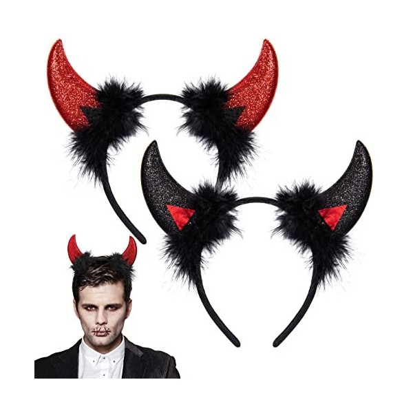 HIFOT 2pièces Corne Diable Serre Tete Diable Cheveux Bandeau Cornes Accessoire Halloween Carnaval Serre Tete Halloween Femme