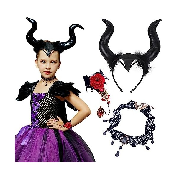 Winric Lot de 3 costumes de reine cornes, serre-tête gothique rétro et bracelet en dentelle, accessoires de cosplay pour femm