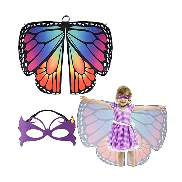 BETESSIN Ailes Papillon dÉcharpe Fille Châle Foulard Papillon Cape Enfant et Masque Papillon Accessoire de Costume Déguiseme