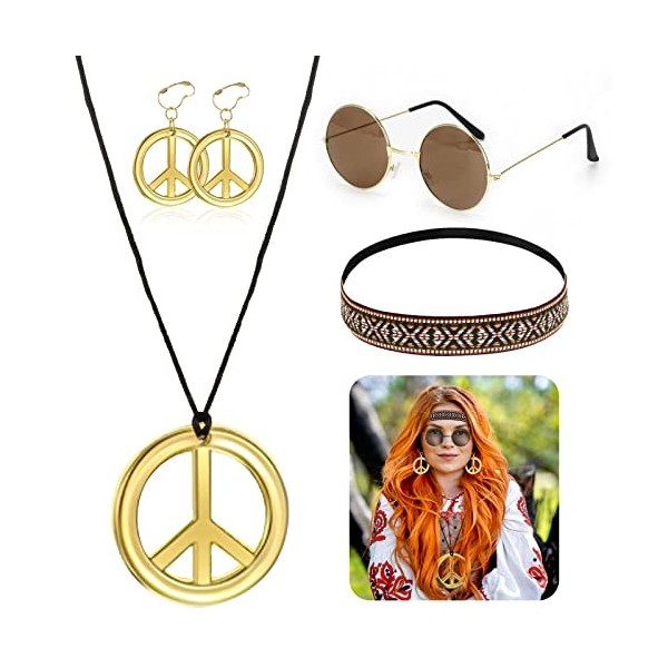 4Pcs Deguisement Hippie Femme, Accessoires Hippie Femme, Set de Vetement Hippie Comprenant Lunette Hippie, Collier Hippie, Bo