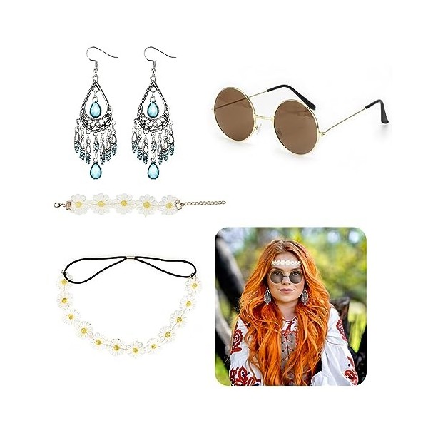 4Pcs Deguisement Hippie Femme, Accessoires Hippie Femme, Set de Vetement Hippie Comprenant Lunette Hippie, Collier Hippie, Bo