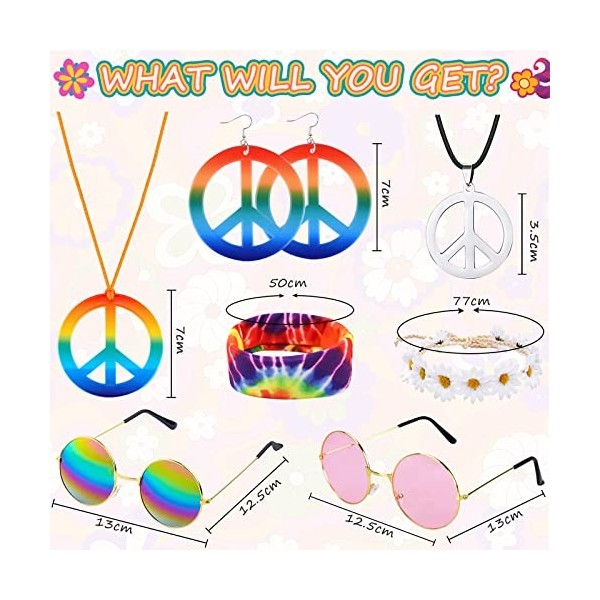 7 Pièces Ensemble de Deguisement Hippie, Rétro Accessoires Hippie avce Collier de Signe de Paix Lunette Hippie Bandeau Boucle