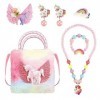 BTHRORO Licorne Sac a Main Bijoux Enfants Fille, Peluche Sac Licorne Princesse Collier Bracelet Boucles dOreilles Bague Pinc