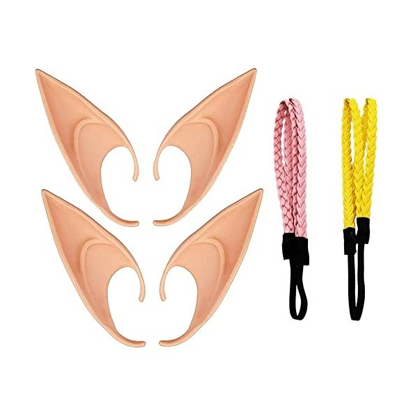 dcast 2 Paires Oreille Elf Pointues Ears en Latex Avec 2 Bandeau Tresse Cheveux, Doux et Confortable, Déguisement, Mascarade,