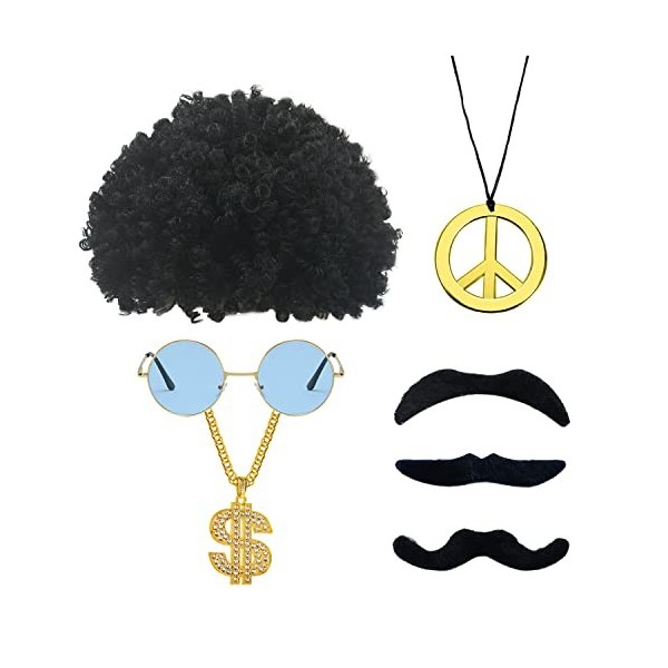 YSDYY 7 accessoires hippies, perruque afro ronde monture dorée lunettes moustache paix collier et collier dollar, accessoires
