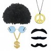 YSDYY 7 accessoires hippies, perruque afro ronde monture dorée lunettes moustache paix collier et collier dollar, accessoires