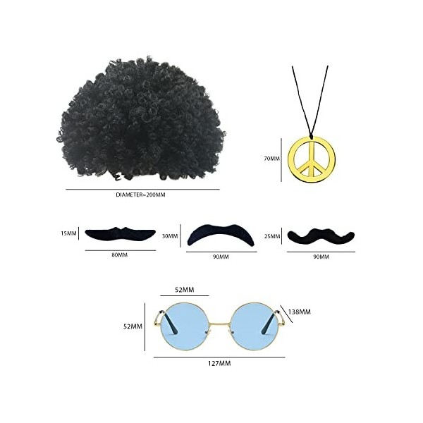 YSDYY 7 accessoires hippies, perruque afro ronde monture dorée lunettes moustache paix collier et collier dollar, accessoires