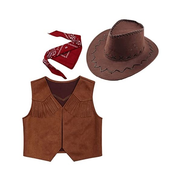 Freebily Deguisement Prince Enfant Fille Garçon Cowboy Cowgirl Pantalon Gilet Sans Manche Chapeau Cow-boy Costume Jouet Hallo