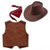 Freebily Deguisement Prince Enfant Fille Garçon Cowboy Cowgirl Pantalon Gilet Sans Manche Chapeau Cow-boy Costume Jouet Hallo