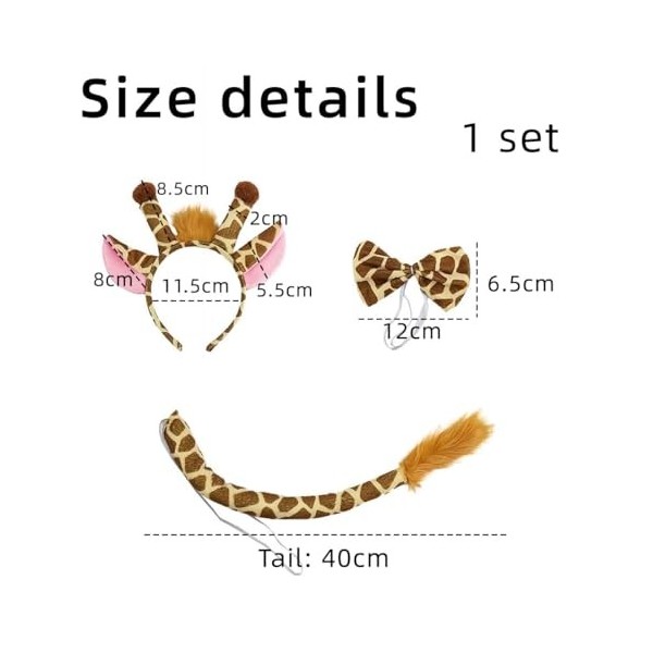 PSOWQ Kit Girafe- Déguisements Girafe, 3 Pcs Ensemble Costume Girafe, Jaune Girafe Serre-Tête Nœud Papillon et Queue, Deguise