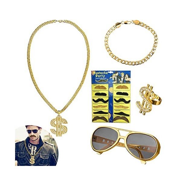 UptVin Kit de Costume Hip Hop, Accessoires de Rappeur des Années 80/90, Collier Dollar Signe Bague Kit, aver Les Colliers Bag