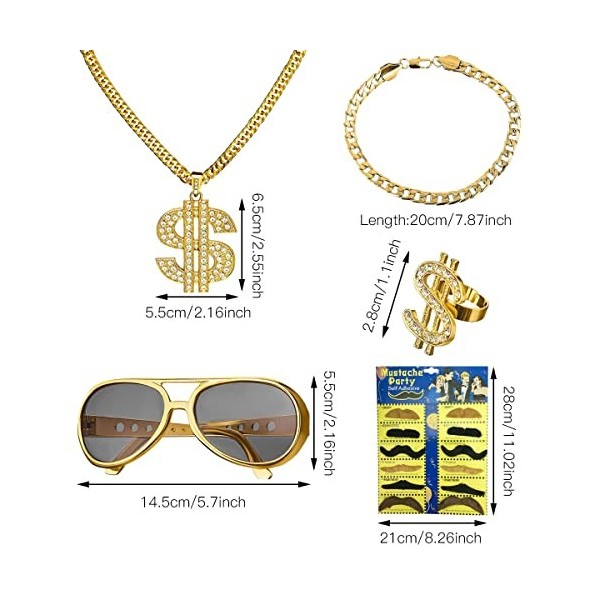 UptVin Kit de Costume Hip Hop, Accessoires de Rappeur des Années 80/90, Collier Dollar Signe Bague Kit, aver Les Colliers Bag