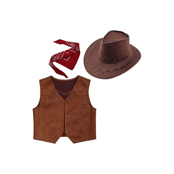 Mufeng 3Pcs Fille Déguisement Cow-Boy Gilet Garçon Veste Rétro Chapeau de Cowboy Western et Bandana Enfant Accessoires Cospla