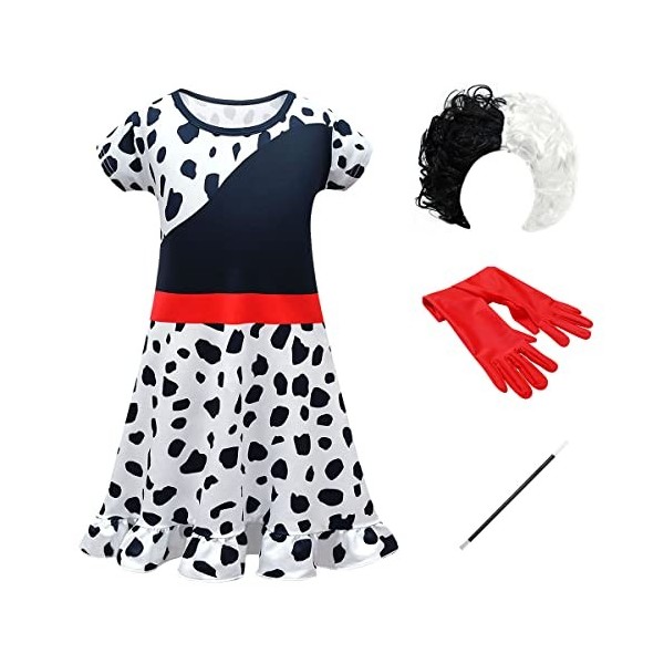IWEMEK Enfants Filles Cruella Costume 101 Dalmatien Déguisements Cruella De Vil Robe Manteau + Accessoires Halloween Carnaval