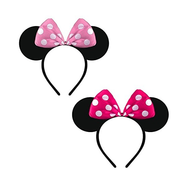 HD Novelty Lot de 2 oreilles de Mickey et oreilles de Minnie Mouse noires sur serre-tête avec nœud à pois rouges et blancs po