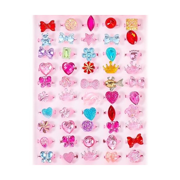 Firtink Lot de 50 anneaux de jouets pour filles réglables pour petites filles - Cristal - Bijoux de princesse - Accessoires d