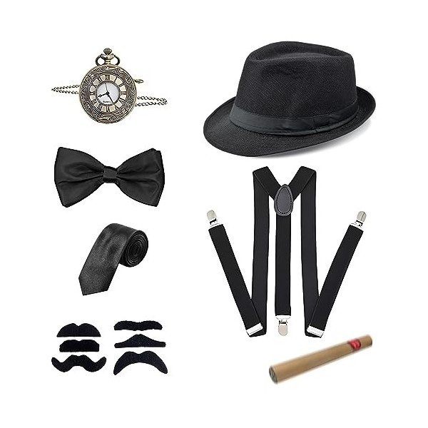7pcs Accessoire Annee 20 Homme, Great Gatsby Gangster Costume Accessoires, Années 1920 Homme Déguisement, avec Chapeau Panama