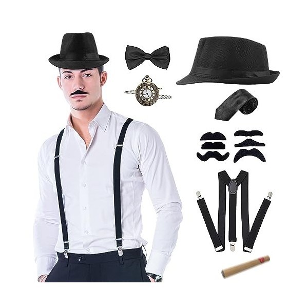 7pcs Accessoire Annee 20 Homme, Great Gatsby Gangster Costume Accessoires, Années 1920 Homme Déguisement, avec Chapeau Panama