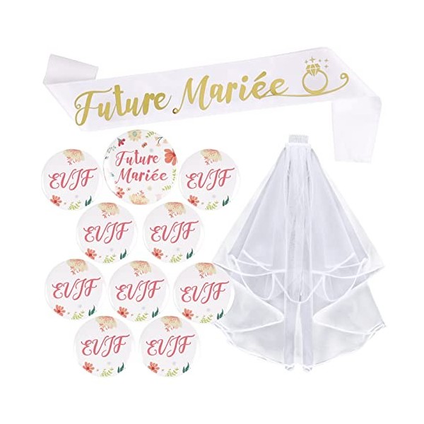 Kit de Accessoire Enterrement de Vie de Jeune Fille 1pcs Voile de Mariage Blanc avec Peigne + 1pcs Écharpe + 1pcs Badge “Futu