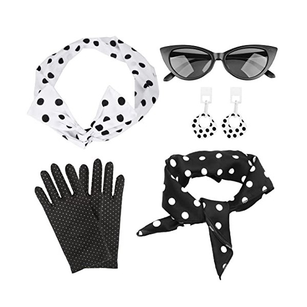 Lot de 6 accessoires de costume des années 50 pour femme - Accessoires  vintage à pois - Bandeau, écharpe, lunettes, boucles d'oreilles, gants