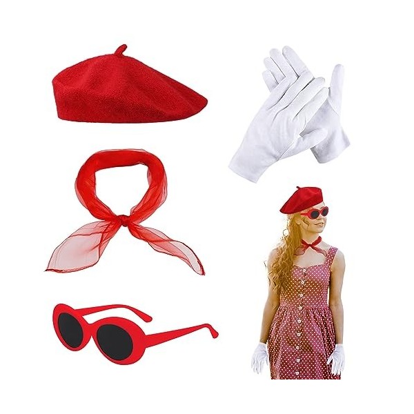 TSHAOUN 4 Pcs Années 50 Costume Accessoires, Années 50 Femmes Costume accessoires,Écharpe béret rouge lunettes de soleil gant