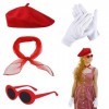 TSHAOUN 4 Pcs Années 50 Costume Accessoires, Années 50 Femmes Costume accessoires,Écharpe béret rouge lunettes de soleil gant