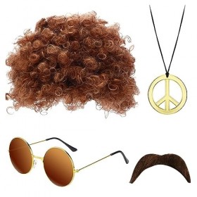 SKHAOVS Ensemble de Costume Hippie, Hippie Perruque Set, Deguisement Annee 80/90 Homme, Accessoires Hippie, Perruque Afro Fun