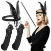 3 Pièces Ensemble dAccessoires de Déguisement de Flapper Costume des Années 1920, Bandeau de Plume Vintage Gants Longs Noirs