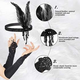 3 Pièces Ensemble dAccessoires de Déguisement de Flapper Costume des Années 1920, Bandeau de Plume Vintage Gants Longs Noirs