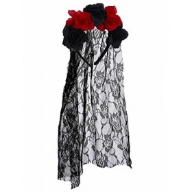 COOLMP Serre tête Fleurs Noir et Rouge Dia De Los Muertos avec Voile Dentelle Adulte - Taille Unique - Accessoires de fête, C