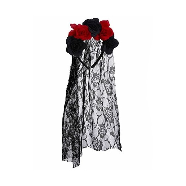 COOLMP Serre tête Fleurs Noir et Rouge Dia De Los Muertos avec Voile Dentelle Adulte - Taille Unique - Accessoires de fête, C