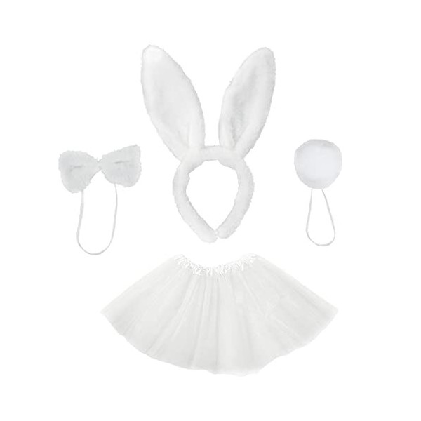 VIKSAUN 4Pcs Costume Lapin, Ensembles Lapin Déguisement Serre-Tête Bandeau Oreilles de Lapin,Cravate,Queue en Peluche Set Cos