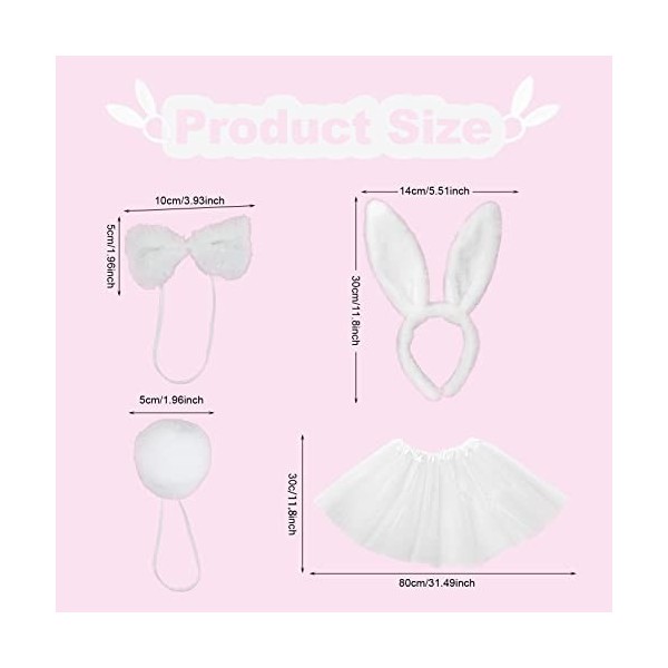 VIKSAUN 4Pcs Costume Lapin, Ensembles Lapin Déguisement Serre-Tête Bandeau Oreilles de Lapin,Cravate,Queue en Peluche Set Cos