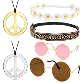 BETESSIN 6 Pièce Hippie Costume Lunettes Vintage Collier de la Paix Bandeaux Marguerite Serre-Tête Fleurs Rétro Accessoire Ki