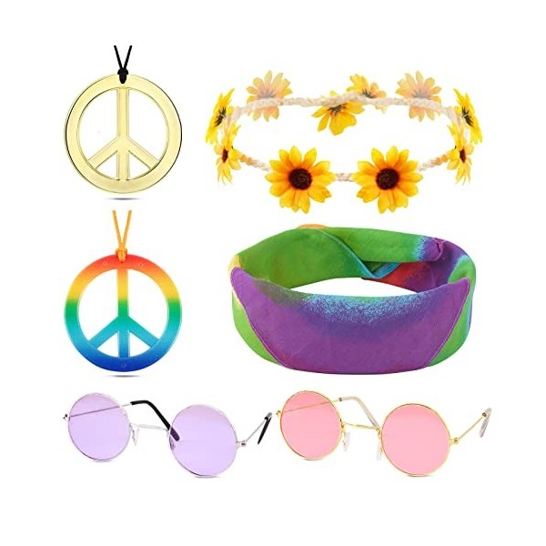 BETESSIN 6 Pièce Hippie Costume Lunettes Vintage Collier de la Paix Bandeaux Marguerite Serre-Tête Fleurs Rétro Accessoire Ki