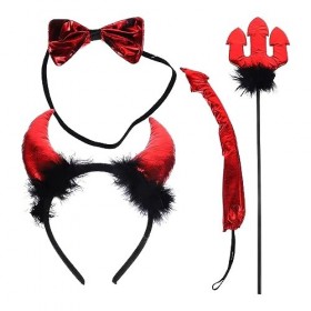 KALUROIL 4 PCS Serre Tete Halloween Diable - Ensemble de déguisement de diable pour femme et fille avec bandeau, cornes, nœud